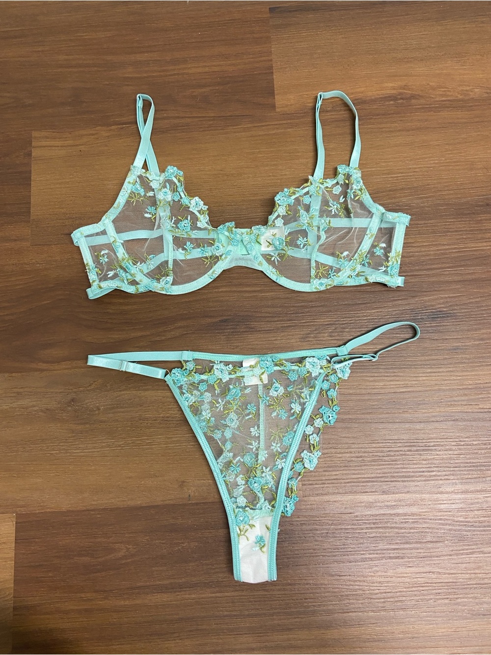 Sheer Mint Blue Green Green Floral Embroidered Underwire Bra & Bikini Set XL